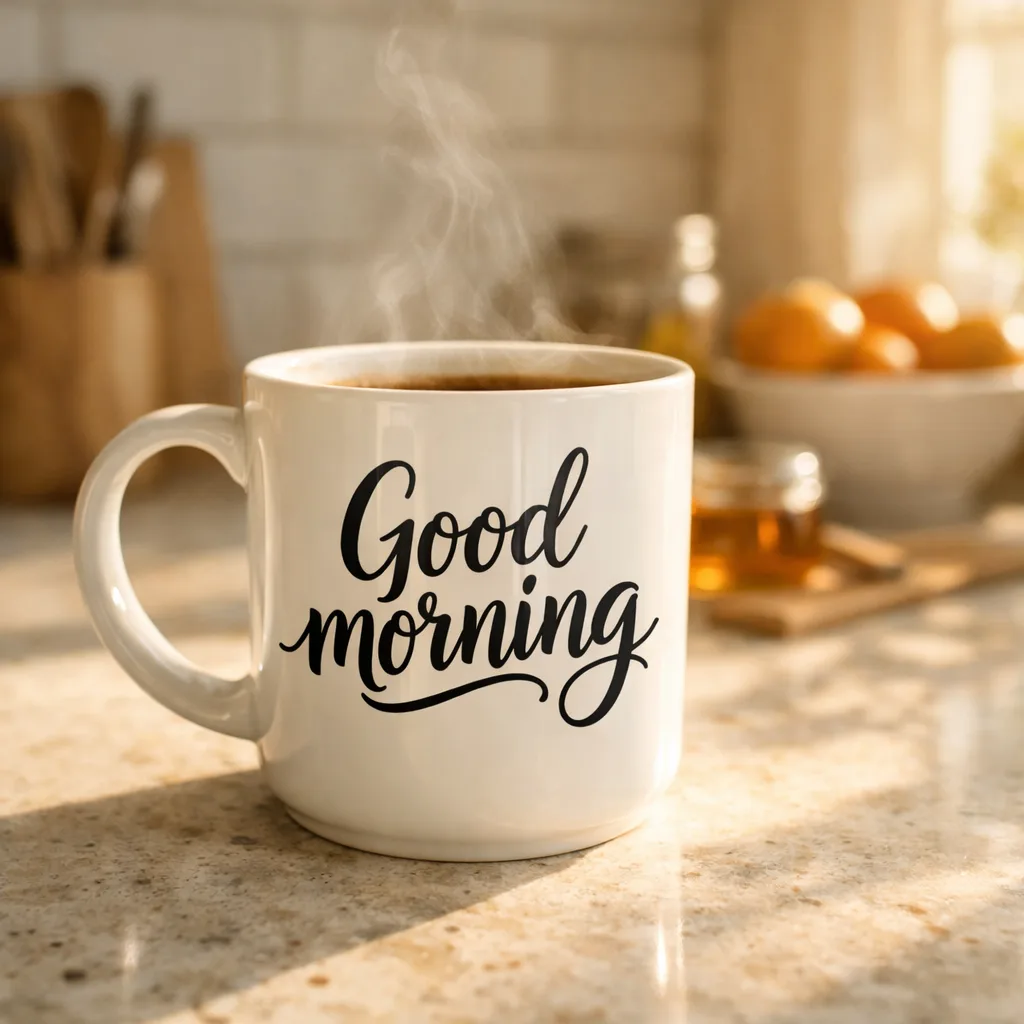 Mug with a "Good morning" label on a sunlit counter