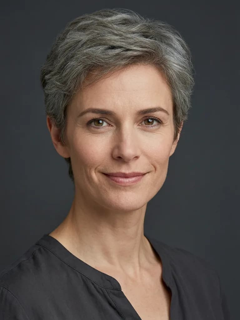 Studio headshot, woman with short grey hair
