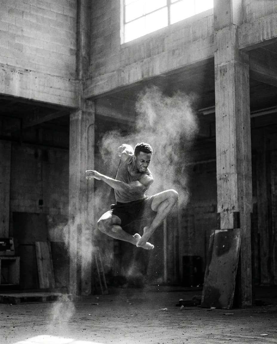 Dancer mid-leap in a warehouse, black and white