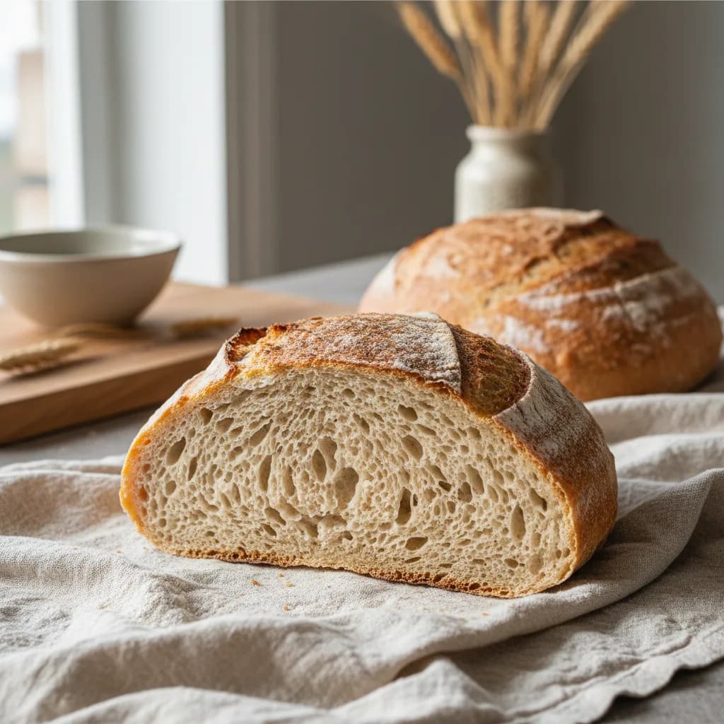 Sourdough loaf cut open on linen