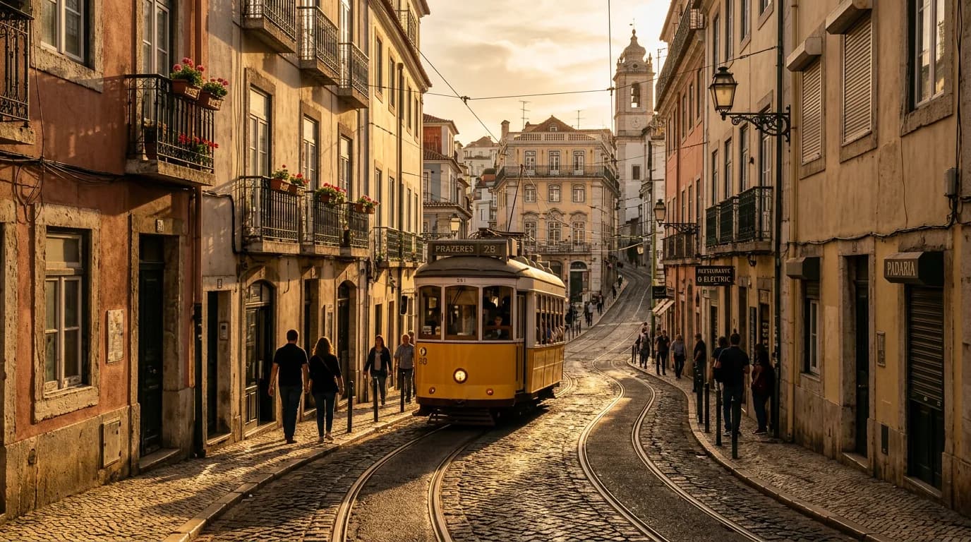 Old-town street with a yellow tram at golden hour