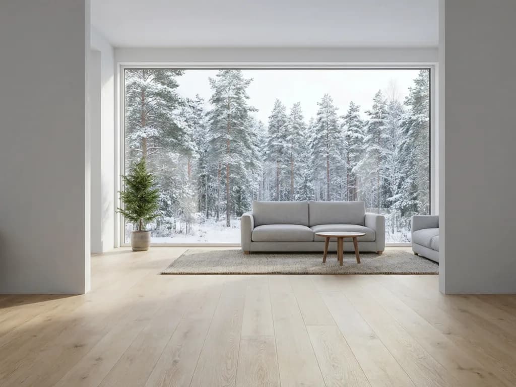 Living room with a window onto a snowy forest