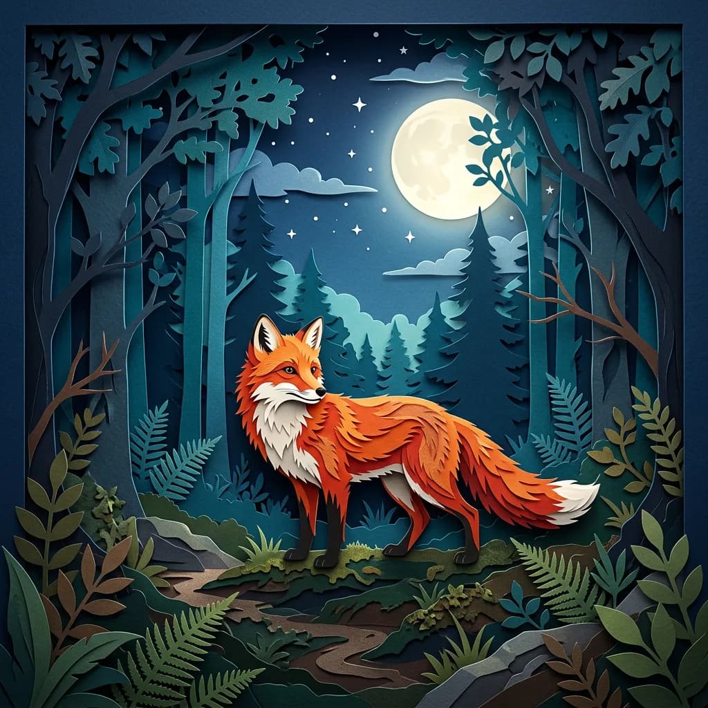 Paper-cut fox in a moonlit forest