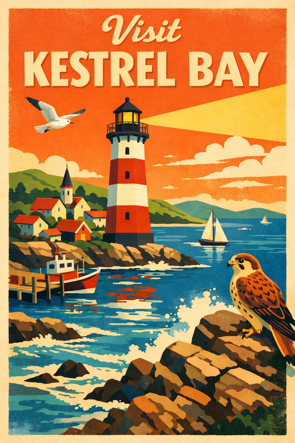 Travel poster reading "Visit Kestrel Bay"